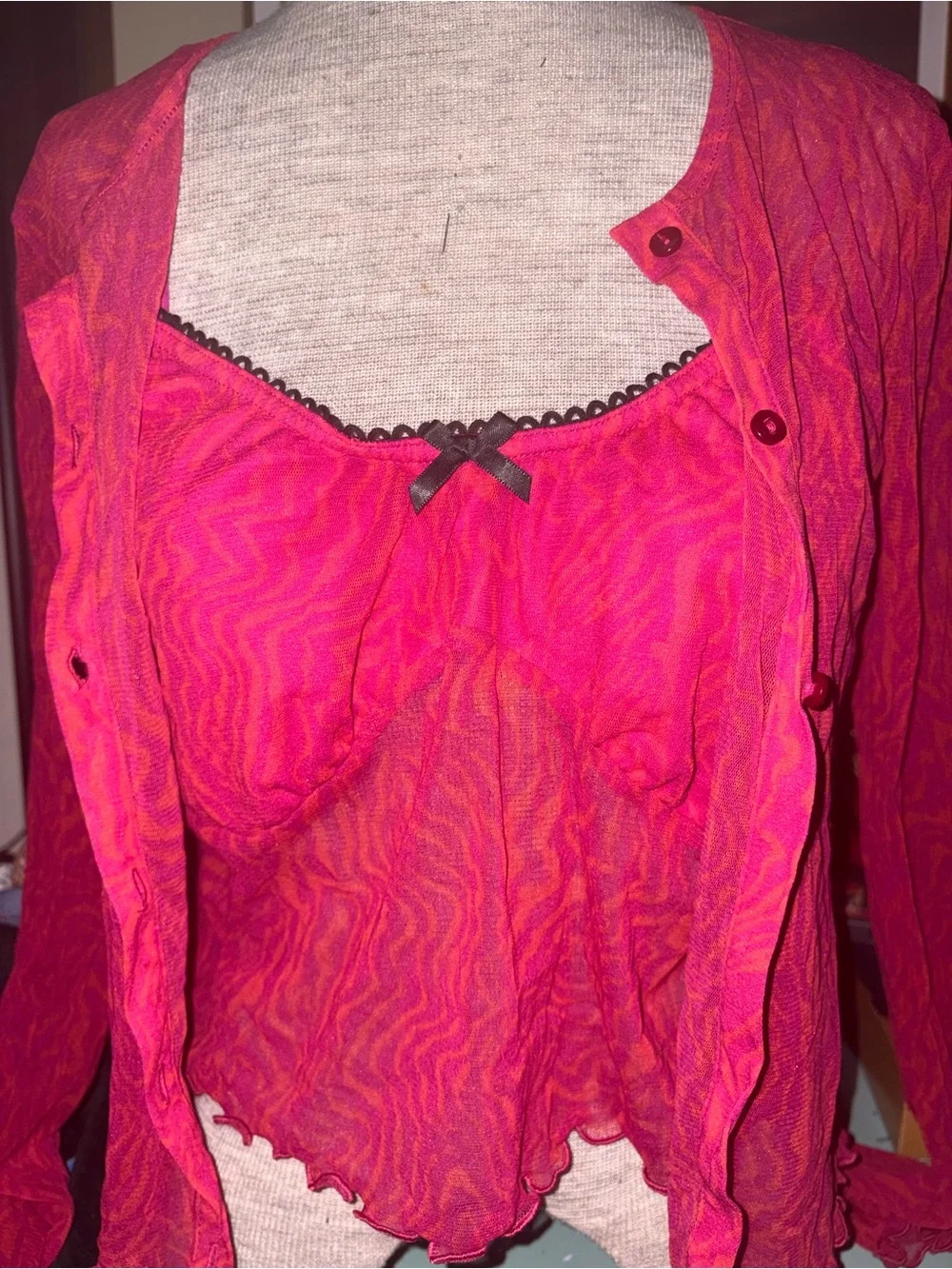 Matching Pink Sheer Ruffle-Trim Tank & Cardigan Set